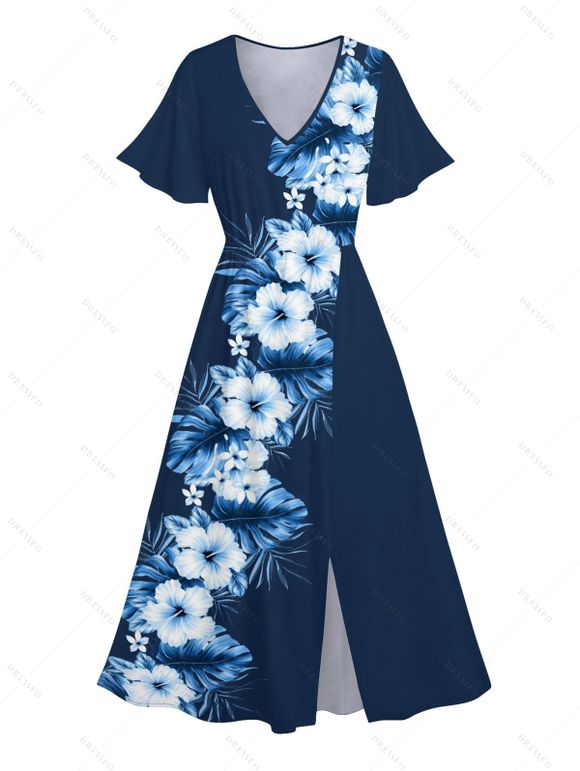 Robe de vacances fendue à motif de fleurs d'hibiscus, manches flottantes, col en V, taille haute, coupe trapèze - Bleu de Minuit XXL | US 14