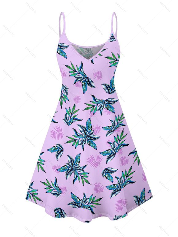 Robe hawaïenne à imprimé plantes tropicales, bretelles spaghetti, col en V, coupe trapèze, mini-robe de vacances - Mauve XXXXXL | US 20