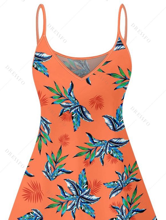 Robe hawaïenne à imprimé plantes tropicales, bretelles spaghetti, col en V, coupe trapèze, mini-robe de vacances - Orange S | US 4