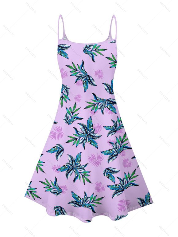 Robe hawaïenne à imprimé plantes tropicales, bretelles spaghetti, col en V, coupe trapèze, mini-robe de vacances - Mauve XL | US 12
