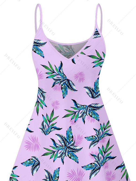 Robe hawaïenne à imprimé plantes tropicales, bretelles spaghetti, col en V, coupe trapèze, mini-robe de vacances - Mauve XL | US 12
