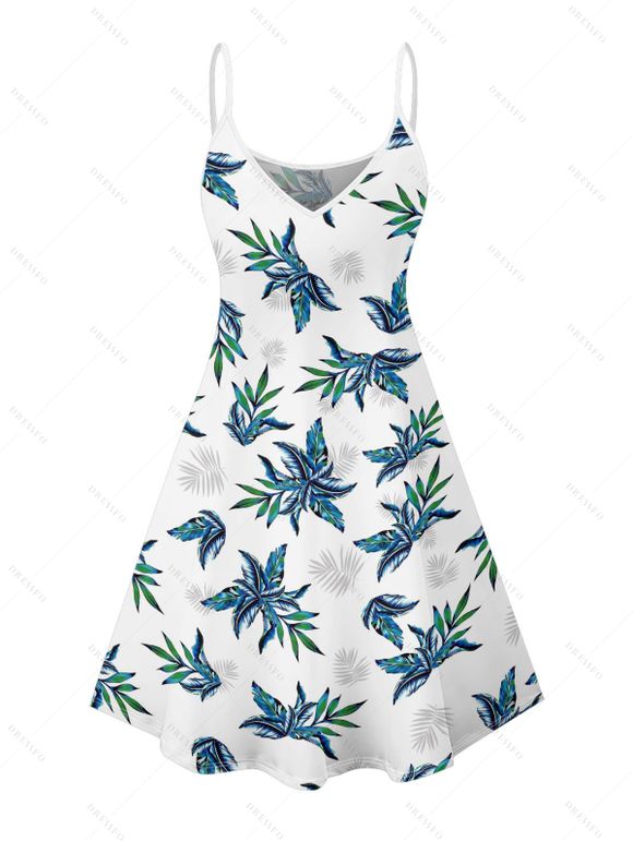 Robe hawaïenne à imprimé plantes tropicales, bretelles spaghetti, col en V, coupe trapèze, mini-robe de vacances - Blanc XXXXXL | US 20