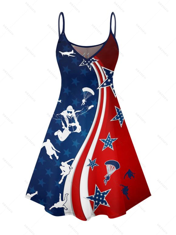 Robe de fête de l'indépendance à motif parachute et éléments du drapeau américain, bretelles spaghetti, col en V, coupe trapèze, mini-robe débardeur patriotique - multicolor A XXXXXL | US 20