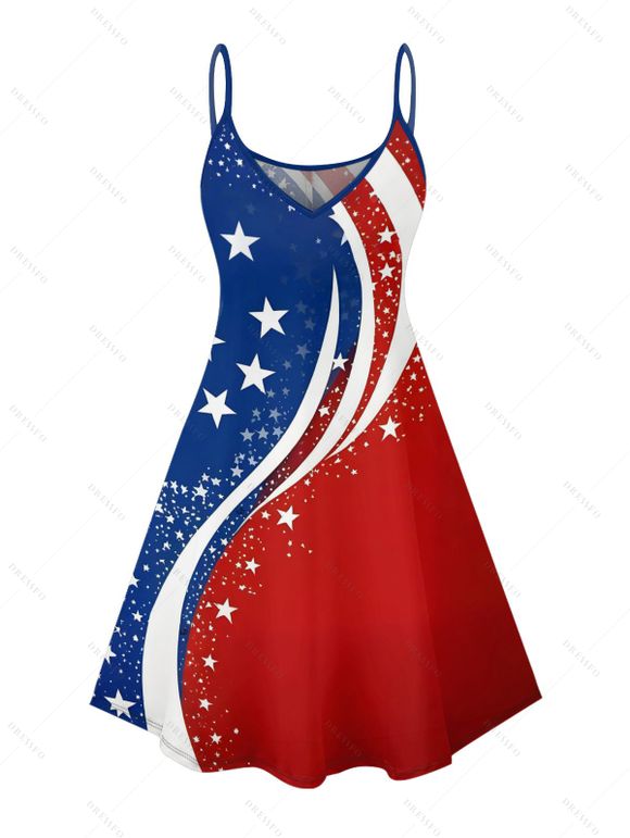 Robe de fête de l'indépendance à rayures étoilées et éléments du drapeau américain, robe mini-débardeur patriotique à bretelles spaghetti et col en V - multicolor A XXXXXL | US 20