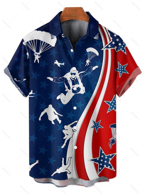 Chemise patriotique à manches courtes et boutons pour homme, motif parachute, drapeau américain, jour de l'indépendance - multicolor A 5XL