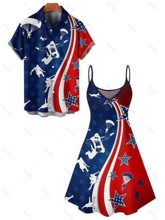 Independence Day Couple Outfit American Flag Elements Parachute Pattern Spaghetti Strap Tank Dress and Button Up Shirt Patriotic Matching Outfit - multicolor A S | US 4
