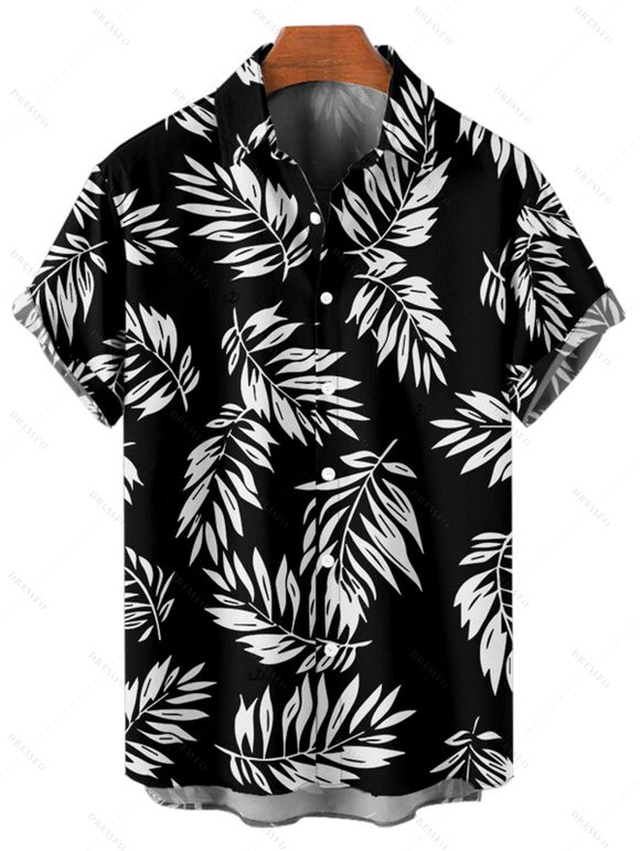 Chemise de vacances à manches courtes et boutons pour homme, motif feuilles, décontractée et retroussée - Noir 5XL