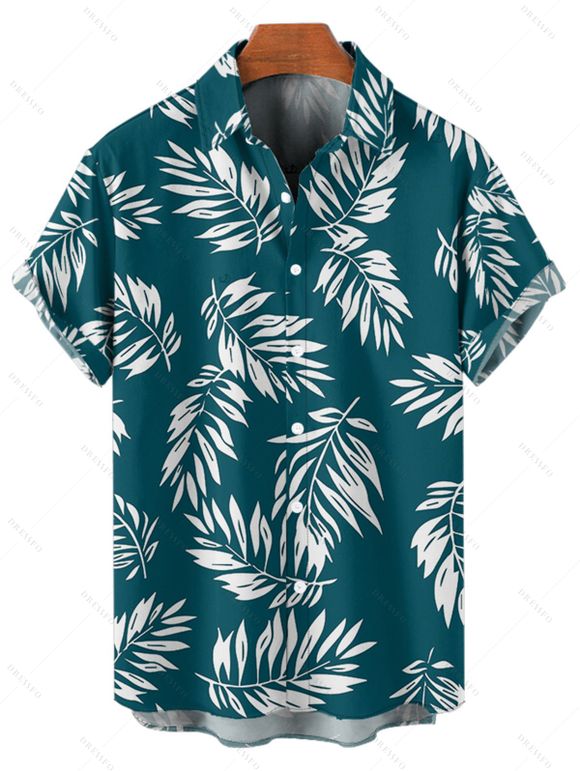 Chemise de vacances à manches courtes et boutons pour homme, motif feuilles, décontractée et retroussée - Vert profond 5XL