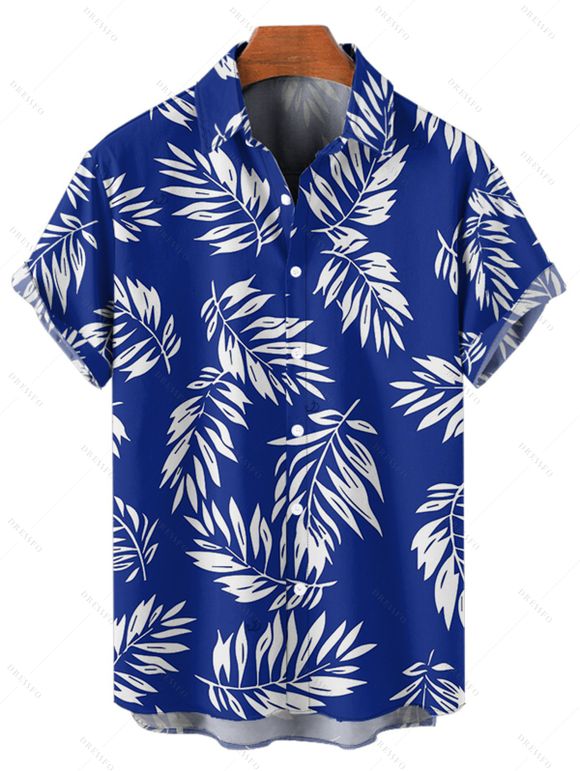 Chemise de vacances à manches courtes et boutons pour homme, motif feuilles, décontractée et retroussée - Bleu profond 5XL