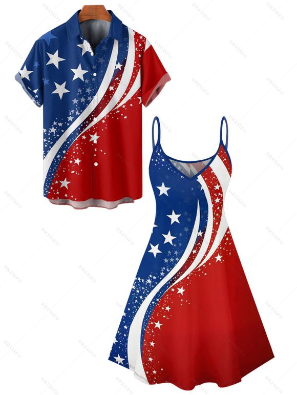 Independence Day Couple Outfit American Flag Elements Star Striped Pattern Spaghetti Strap Tank Dress and Button Up Shirt Patriotic Matching Outfit - multicolor A S | US 4
