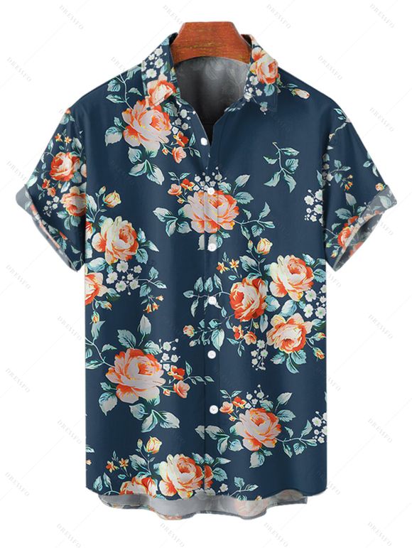 Chemise de plage à manches courtes et boutons pour homme, motif floral tropical et feuilles - Vert profond 5XL