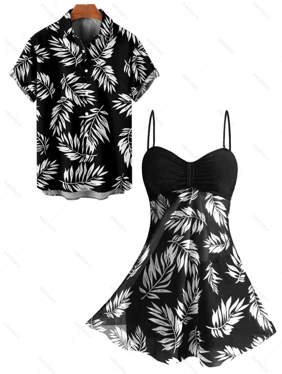 Vacation Couple Outfit Ruched Bust Leaf Pattern See Thru Swim Top and Boyshorts Tankini Swimsuit and Button Up Shirt Beach Matching Outfit - Noir S | US 4