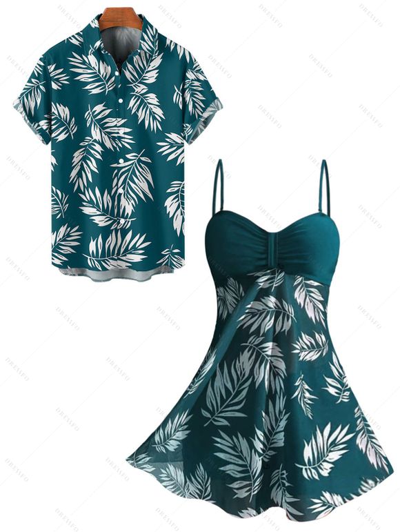 Vacation Couple Outfit Ruched Bust Leaf Pattern See Thru Swim Top and Boyshorts Tankini Swimsuit and Button Up Shirt Beach Matching Outfit - Vert profond S | US 4