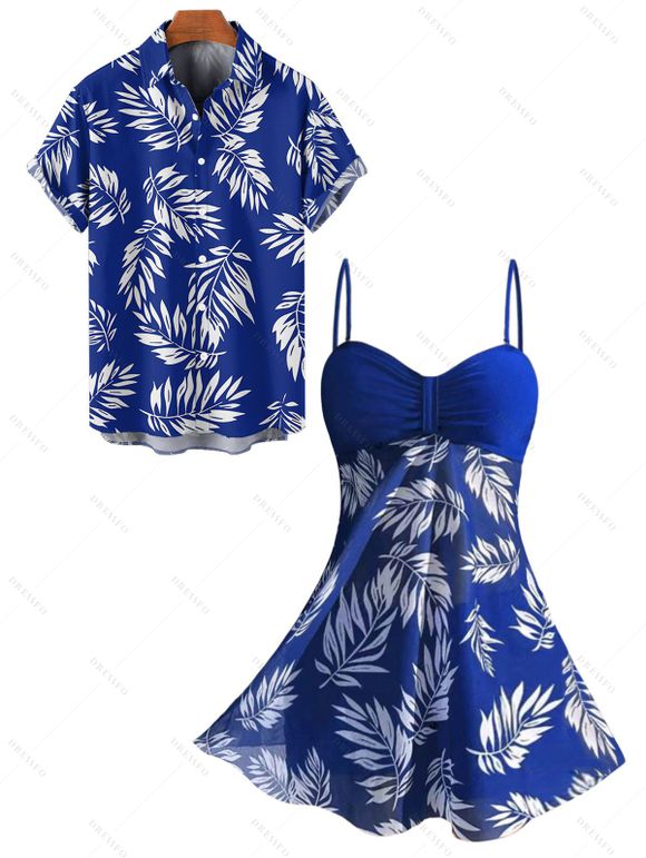 Vacation Couple Outfit Ruched Bust Leaf Pattern See Thru Swim Top and Boyshorts Tankini Swimsuit and Button Up Shirt Beach Matching Outfit - Bleu profond S | US 4