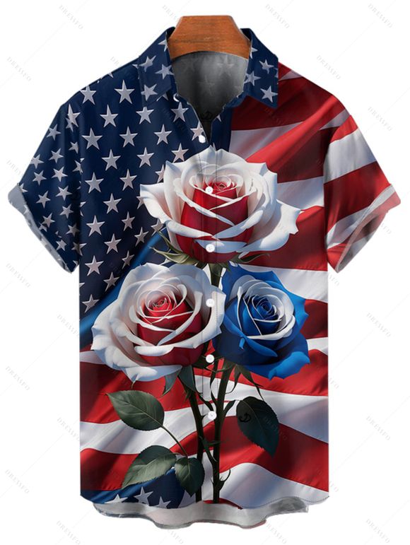 Chemise homme à manches courtes et boutons, motif drapeau américain, étoiles, rayures et roses, pour le jour de l'indépendance - Noir 5XL