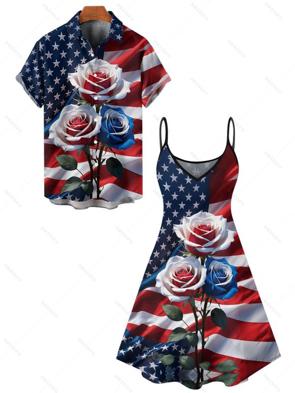 Independence Day Couple Outfit Rose American Flag Star Striped Pattern Spaghetti Strap Tank Dress and Button Up Shirt Patriotic Matching Outfit - multicolor A S | US 4