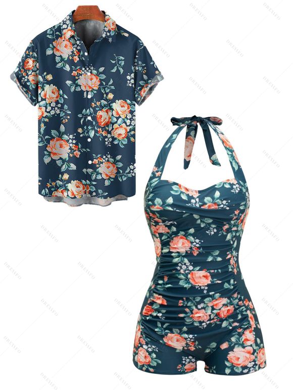 Vacation Couple Outfit Tropical Floral Leaf Pattern Beach Halter Ruched Open Back One-piece Swimsuit and Button Up Shirt Beach Matching Outfit - Blanc S | US 4