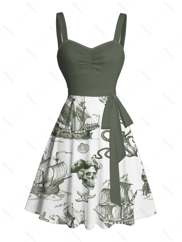 Robe de plage à motif contrasté, ancre de voile, étoiles de mer, crânes, éléments océaniques, buste froncé, col en cœur, ceinture, robe de vacances trapèze mini - Vert profond L | US 8-10