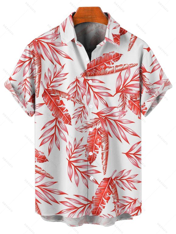 Chemise de plage à manches courtes et boutons pour homme, motif feuilles tropicales, à revers, idéale pour les vacances - Orange 5XL
