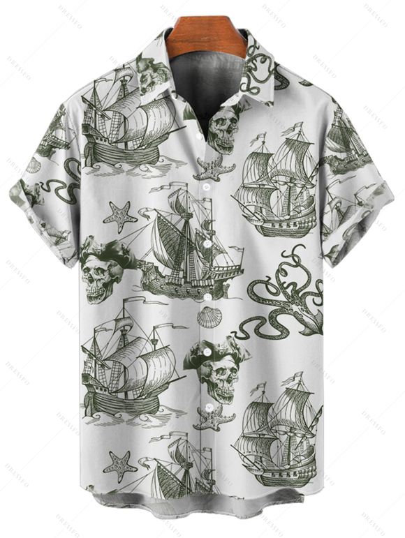 Chemise de plage à manches courtes et boutons pour homme, motif ancre de voile, étoiles de mer, crânes, éléments océaniques - Vert profond 5XL