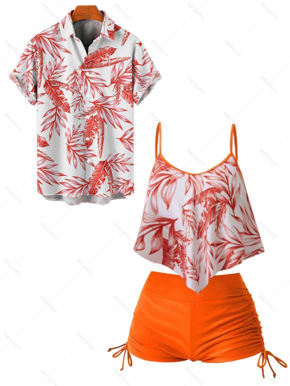 Beach Couple Outfit Tropical Leaf Pattern Spaghetti Strap Pointed Hem Cinched Boyshorts Tankini Swimsuit and Button Up Shirt Vacation Matching Outfit - Orange S | US 4