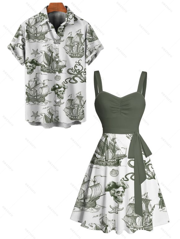 Beach Couple Outfit Sailing Anchor Starfish Skulls Ocean Elements Pattern Ruched Bust Sweetheart Neck Belt A Line Mini Dress and Roll Up Sleeve Shirt Vacation Matching Outfit - Vert profond S | US 4