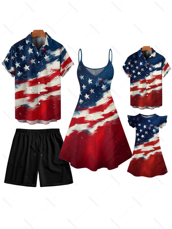 Independence Day Family Dress American Flag Pattern Spaghetti Strap Dress and Girls Dress Short Sleeve Shirt Drawstring Shorts Boys Shirt Family Set - multicolor S | US 4