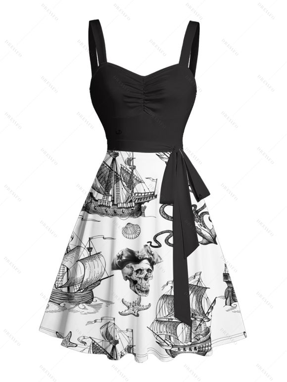 Robe de plage à motif contrasté, ancre de voile, étoiles de mer, crânes, éléments océaniques, buste froncé, col en cœur, ceinture, robe de vacances trapèze mini - Noir XXXXXL | US 20