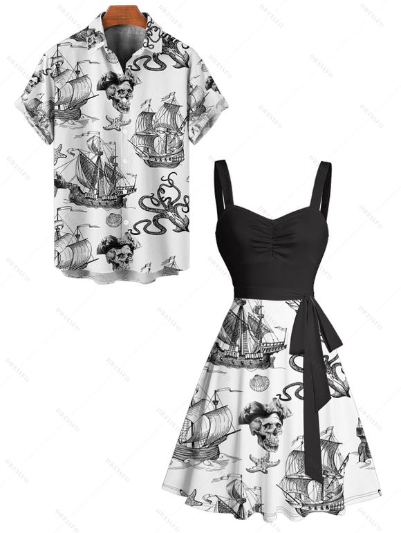Beach Couple Outfit Sailing Anchor Starfish Skulls Ocean Elements Pattern Ruched Bust Sweetheart Neck Belt A Line Mini Dress and Roll Up Sleeve Shirt Vacation Matching Outfit - Noir S | US 4