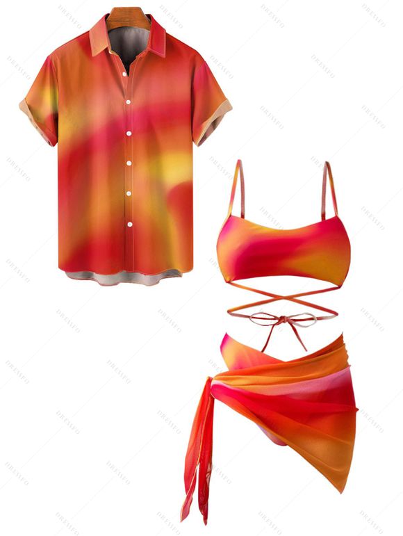 Vacation Couple Outfit Ombre Crisscross Bra and High Cut Briefs See Thru Tied Side Skirt Three Piece Bikini Swimsuit and Button Up Shirt Beach Matching Outfit - multicolor S | US 4