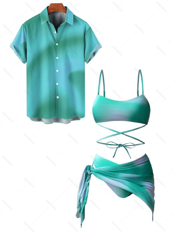 Vacation Couple Outfit Ombre Crisscross Bra and High Cut Briefs See Thru Tied Side Skirt Three Piece Bikini Swimsuit and Button Up Shirt Beach Matching Outfit - Vert S | US 4