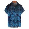 Chemise de Plage de Vacances Boutonnée Motif de Feuille Tropicale à Manches Roulées - Bleu 2XL