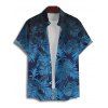 Chemise de Plage de Vacances Boutonnée Motif de Feuille Tropicale à Manches Roulées - Bleu 2XL