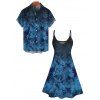 Vacation Couple Outfit Allover Tropical Leaf Pattern Spaghetti Strap V Neck A Line Mini Tank Dress and Roll Up Sleeve Shirt Beach Matching Outfit - Bleu S | US 4