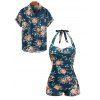 Vacation Couple Outfit Tropical Floral Leaf Pattern Beach Halter Ruched Open Back One-piece Swimsuit and Button Up Shirt Beach Matching Outfit - Blanc S | US 4