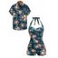 Vacation Couple Outfit Tropical Floral Leaf Pattern Beach Halter Ruched Open Back One-piece Swimsuit and Button Up Shirt Beach Matching Outfit - Blanc S | US 4