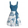 Contrast Color Sailing Anchor Starfish Skulls Ocean Elements Pattern Beach Dress Ruched Bust Sweetheart Neck Belt A Line Mini Vacation Dress - GREEN S | US 4