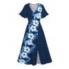 Robe de vacances fendue à motif de fleurs d'hibiscus, manches flottantes, col en V, taille haute, coupe trapèze - Bleu de Minuit XXL | US 14