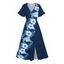 Robe de vacances fendue à motif de fleurs d'hibiscus, manches flottantes, col en V, taille haute, coupe trapèze - Bleu de Minuit XXL | US 14