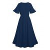Robe de vacances fendue à motif de fleurs d'hibiscus, manches flottantes, col en V, taille haute, coupe trapèze - Bleu de Minuit XXL | US 14
