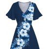 Robe de vacances fendue à motif de fleurs d'hibiscus, manches flottantes, col en V, taille haute, coupe trapèze - Bleu de Minuit XXL | US 14