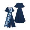 Robe de vacances fendue à motif de fleurs d'hibiscus, manches flottantes, col en V, taille haute, coupe trapèze - Bleu de Minuit XXL | US 14