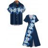 Vacation Couple Outfit Hibiscus Flower Pattern Slit Flare Sleeve A Line Dress and Button Up Shirt Casual Matching Outfit - Bleu de Minuit S | US 4