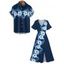Vacation Couple Outfit Hibiscus Flower Pattern Slit Flare Sleeve A Line Dress and Button Up Shirt Casual Matching Outfit - Bleu de Minuit S | US 4
