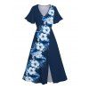 Vacation Couple Outfit Hibiscus Flower Pattern Slit Flare Sleeve A Line Dress and Button Up Shirt Casual Matching Outfit - Bleu de Minuit S | US 4