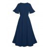 Vacation Couple Outfit Hibiscus Flower Pattern Slit Flare Sleeve A Line Dress and Button Up Shirt Casual Matching Outfit - Bleu de Minuit S | US 4