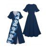 Vacation Couple Outfit Hibiscus Flower Pattern Slit Flare Sleeve A Line Dress and Button Up Shirt Casual Matching Outfit - Bleu de Minuit S | US 4