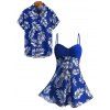 Vacation Couple Outfit Ruched Bust Leaf Pattern See Thru Swim Top and Boyshorts Tankini Swimsuit and Button Up Shirt Beach Matching Outfit - Bleu profond S | US 4