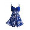 Vacation Couple Outfit Ruched Bust Leaf Pattern See Thru Swim Top and Boyshorts Tankini Swimsuit and Button Up Shirt Beach Matching Outfit - Bleu profond S | US 4