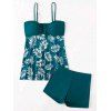 Vacation Couple Outfit Ruched Bust Leaf Pattern See Thru Swim Top and Boyshorts Tankini Swimsuit and Button Up Shirt Beach Matching Outfit - Vert profond S | US 4